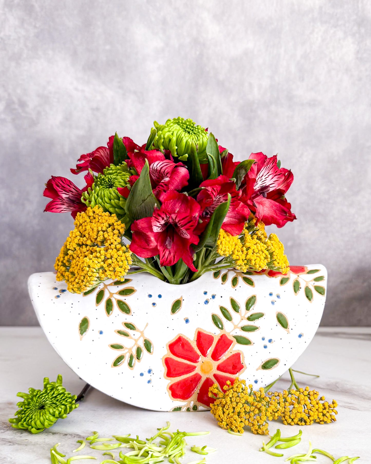 Red Floral Half-Moon Vase