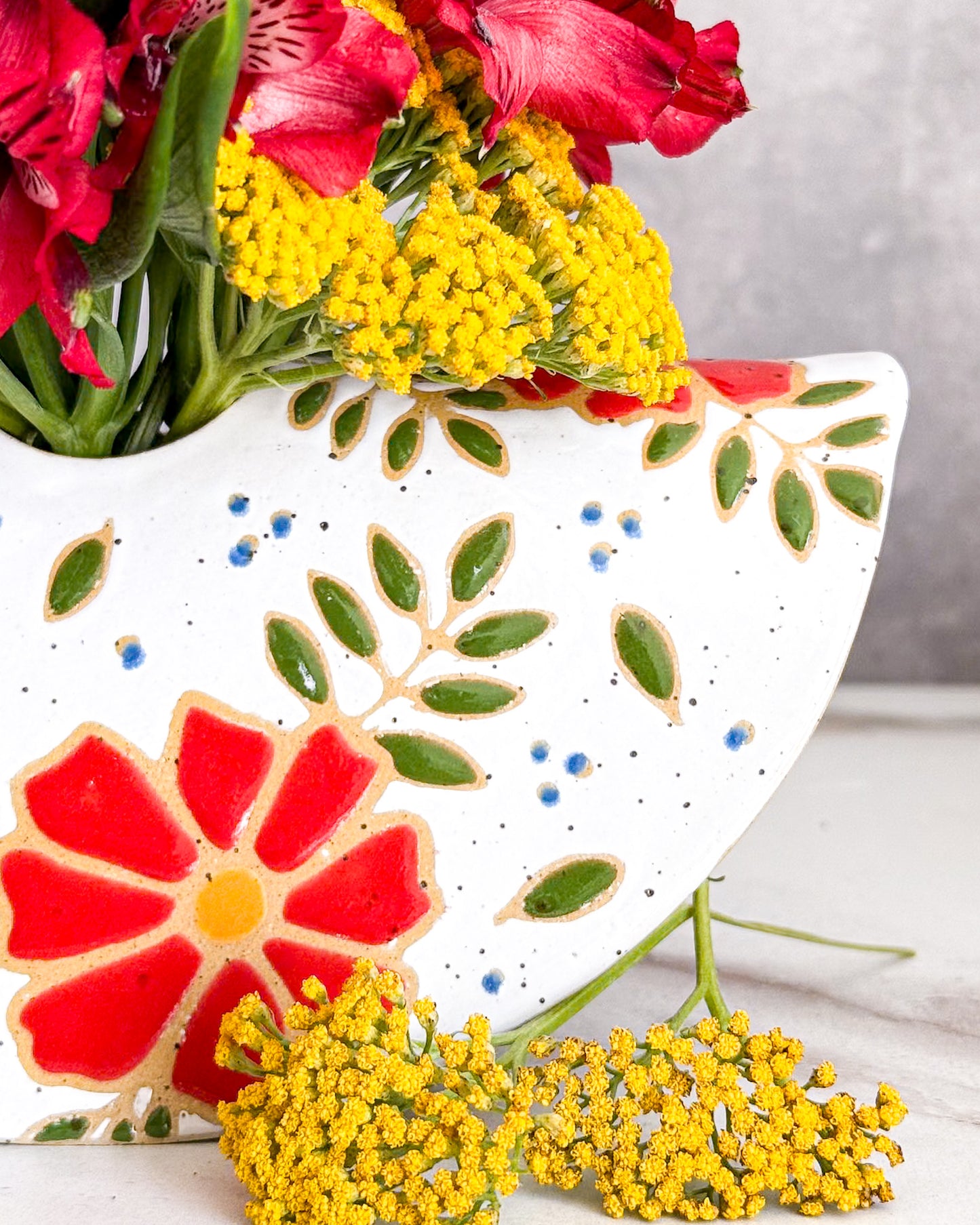 Red Floral Half-Moon Vase