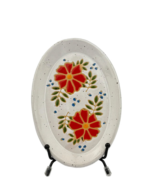Red Floral Oval Tapas Plate