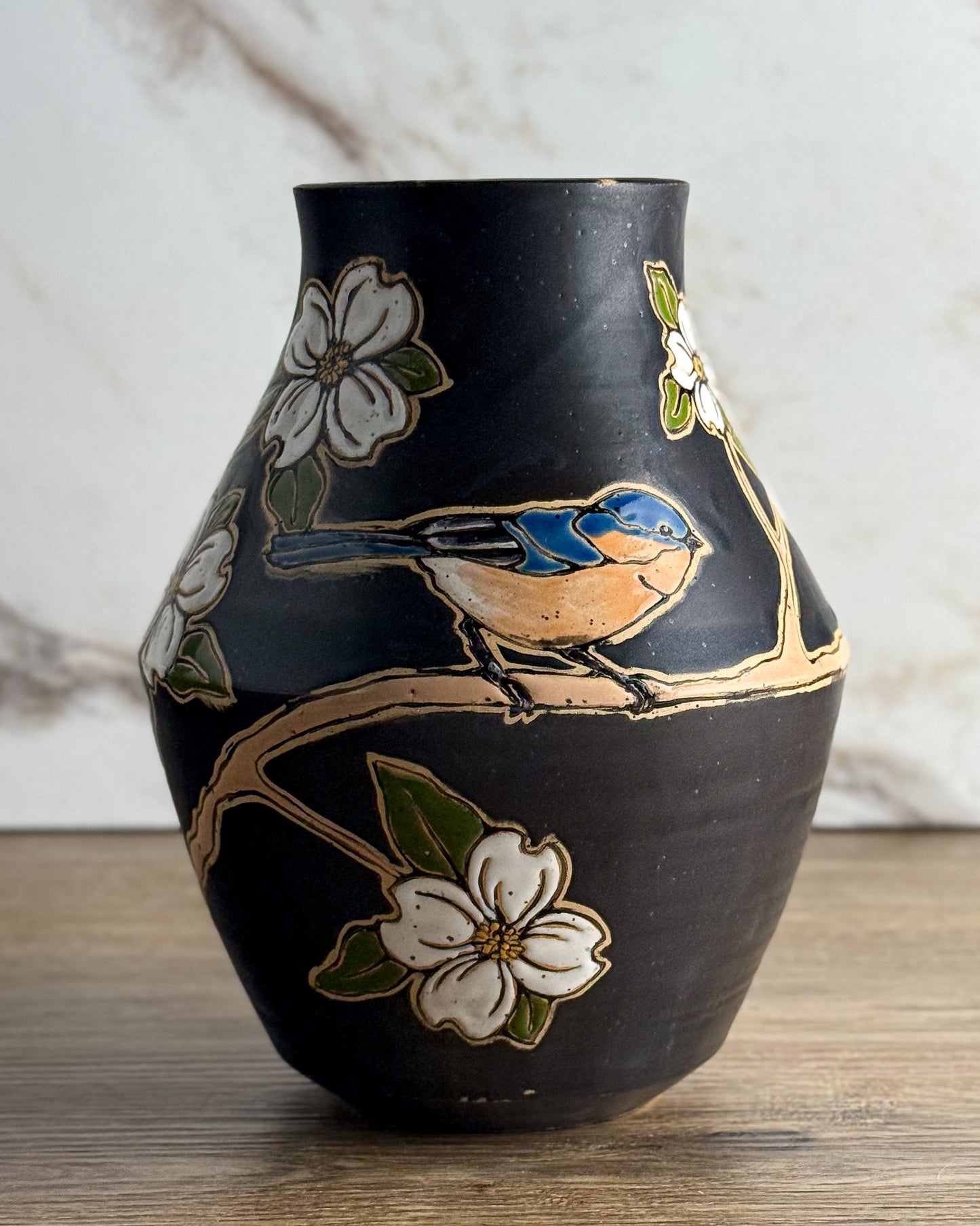 Vase with Bluebird - black glaze