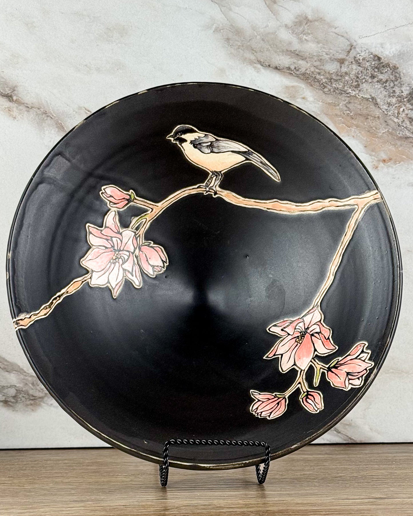 Serving Bowl - Chickadee black glaze