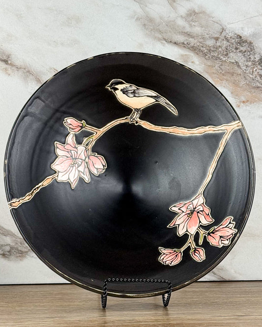 Serving Bowl - Chickadee black glaze
