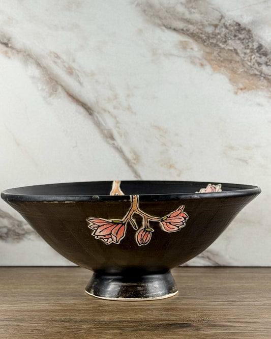 Serving Bowl - Chickadee black glaze