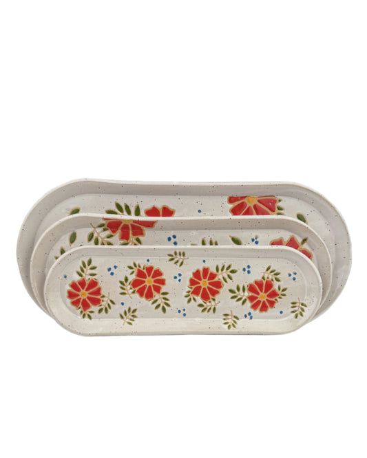 Red Floral Oblong Tray
